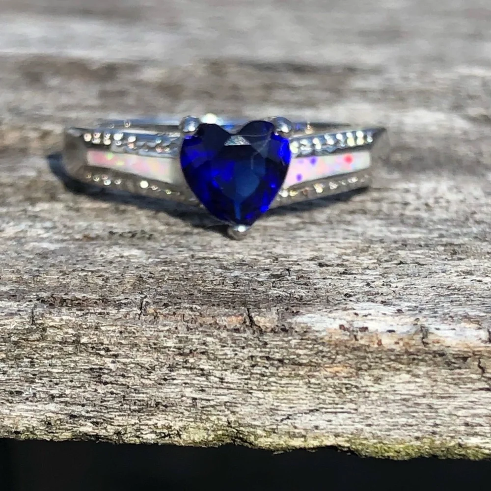 - Sapphire Heart White Fire Opal Ring SZ 7.5! NEW!